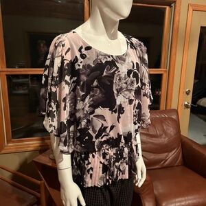 Pink & Black Floral Blouse Ruched at Waist with Elastic and Flowy Sleeves 18